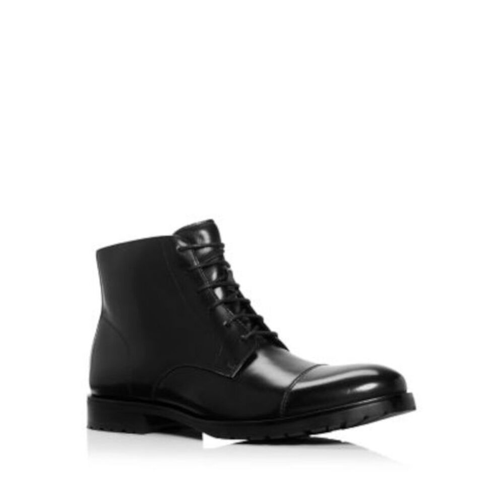 THE MENS STORE Mens Black Traction Cap Toe Block Heel Leather Boots Shoes 9.5